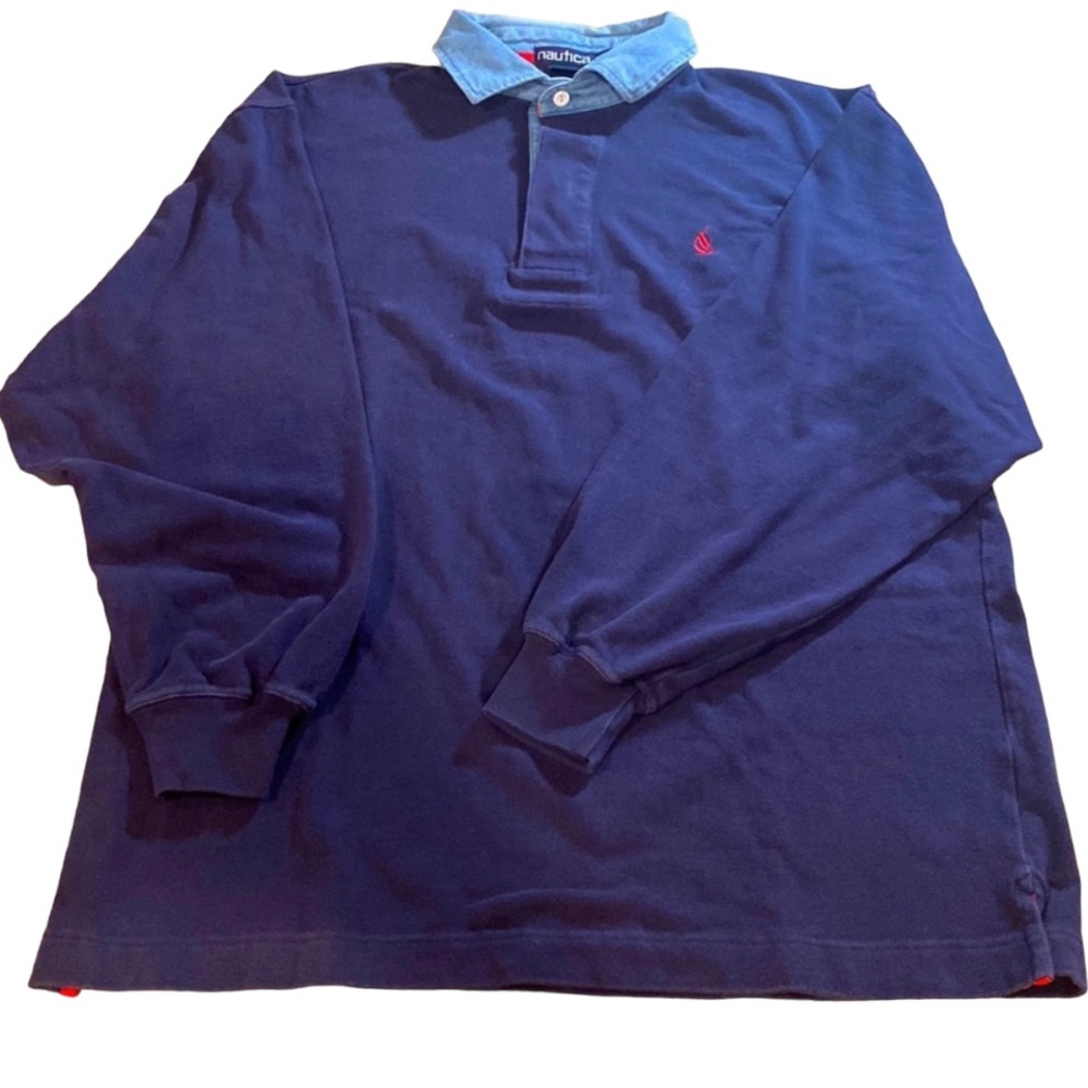 Vintage 90’s Nautica Long Sleeve Denim Collar Pullover Polo Shirt - Picture 1 of 7